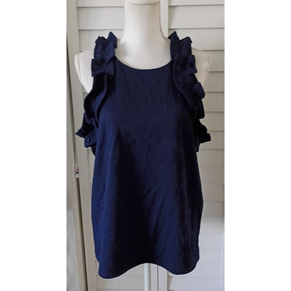 Crown & Ivy Harbor Navy women's Sleeveless Ruffle accented top XL